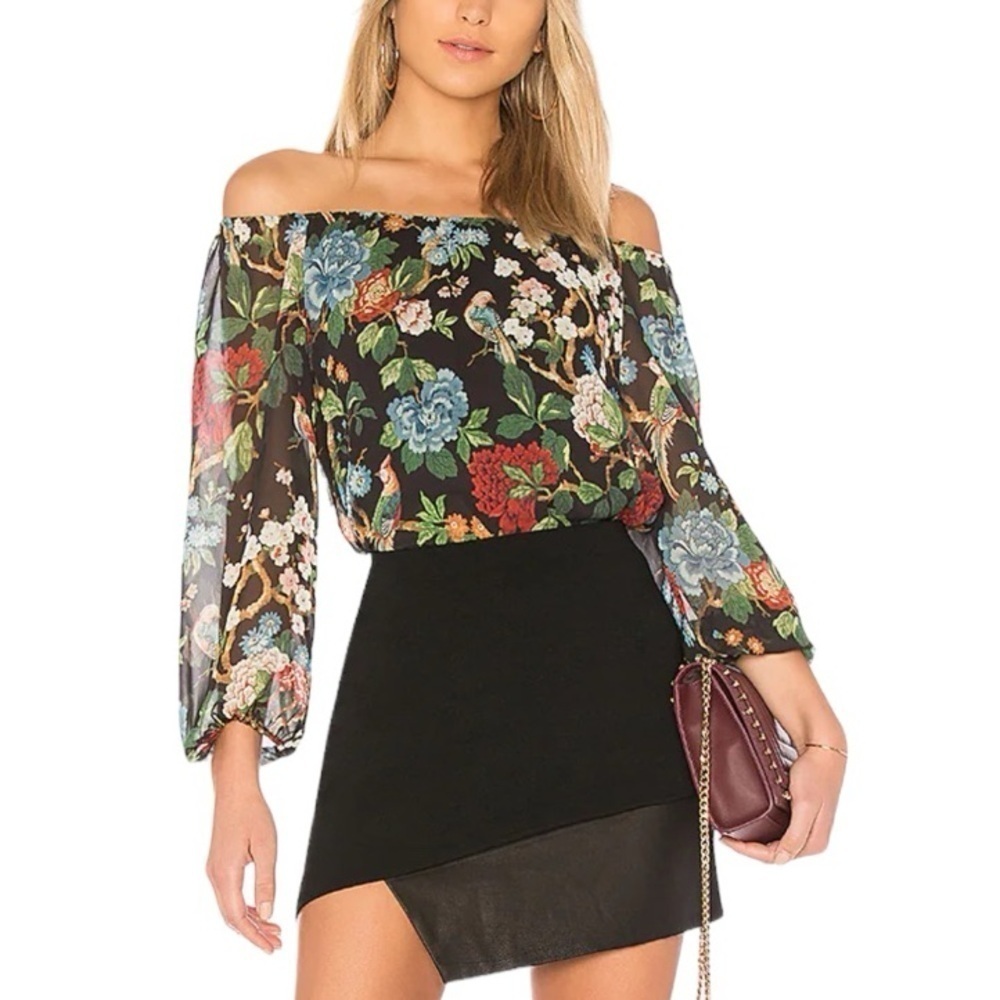 Alice + Olivia Alta Floral Peasant Blouse Chinoiserie Garden Black 
Size XS